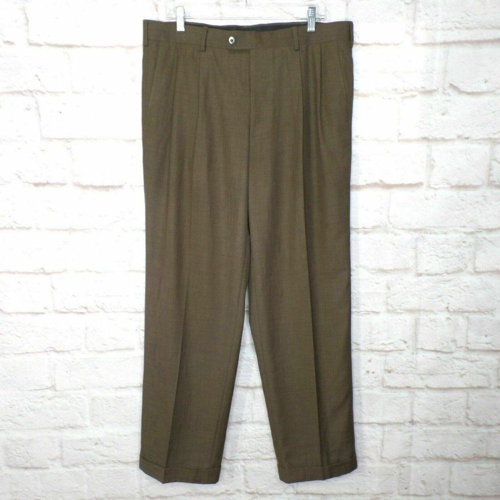 Axist Mens 36 x 32 Brown Pleat Front & Cuffed Hem Career Dress Pants Poly Rayon